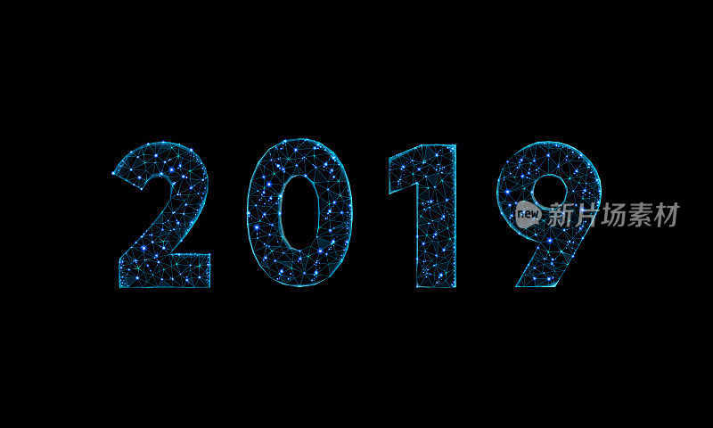 2019低多边形设计，多边形风格的新年，黑色背景上的矢量插图