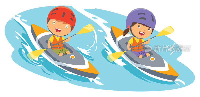 男孩和女孩划着独木舟