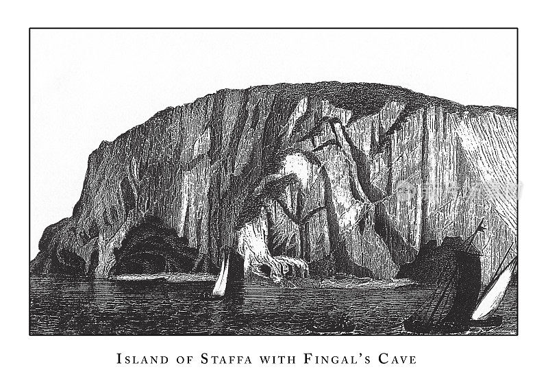 斯塔法岛与芬格尔的洞穴，洞穴，冰山，熔岩和岩层雕刻古董插图，出版1851年