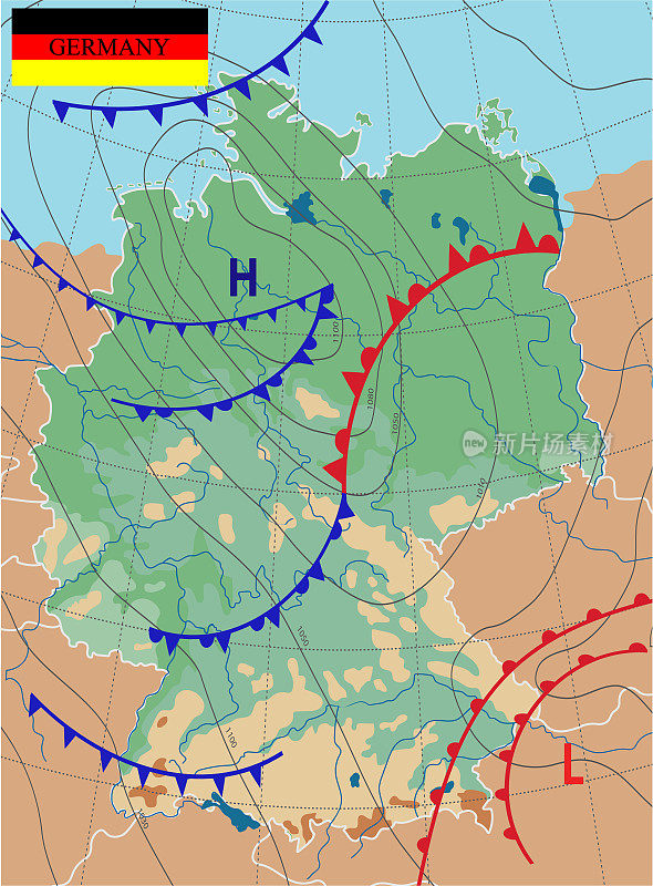 德国的天气图。德国地形图。气象预报。显示等压线和天气锋面的通用天气图的可编辑矢量插图。地形图及物理图