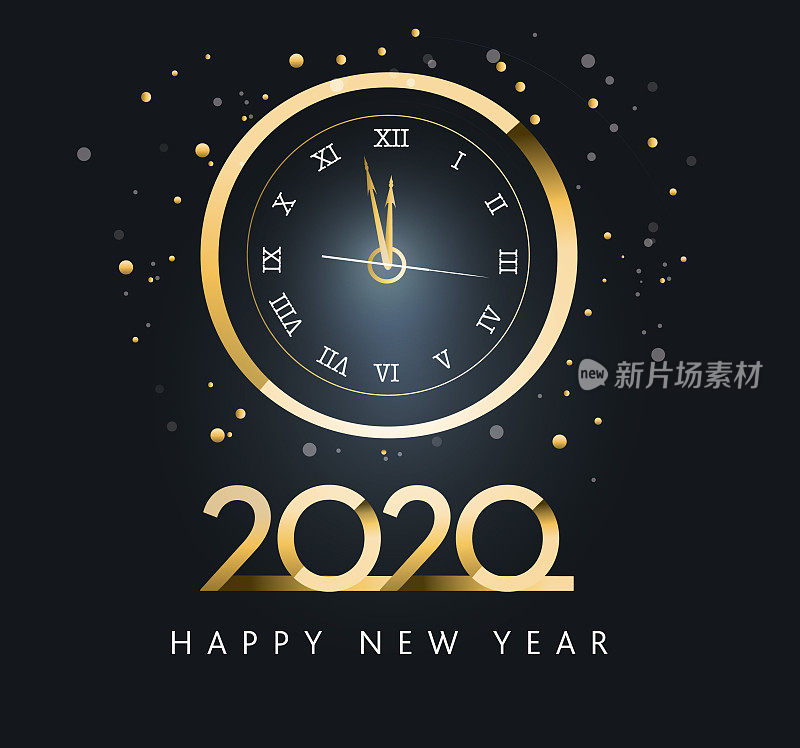 新年快乐2020时钟敲响午夜贺卡横幅设计在金属金色闪烁