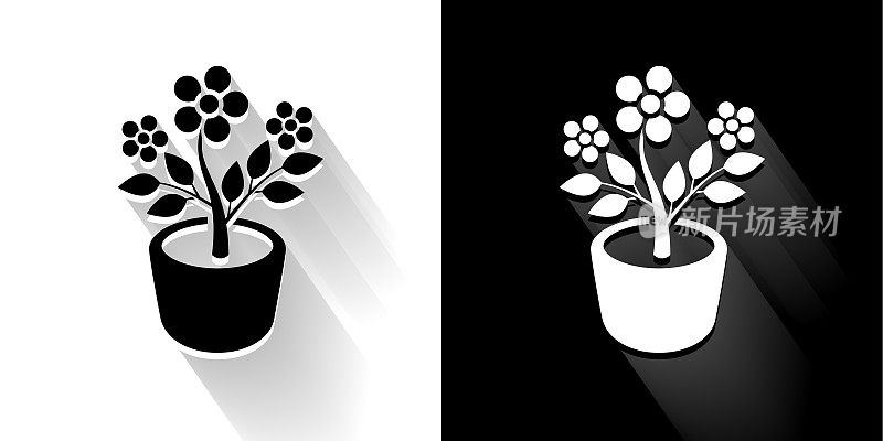植物在花盆黑色和白色图标与长影子