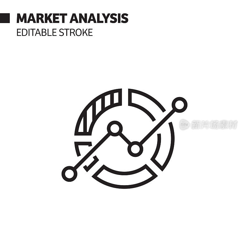 市场分析线图标，轮廓矢量符号插图。完美像素，可编辑的描边。