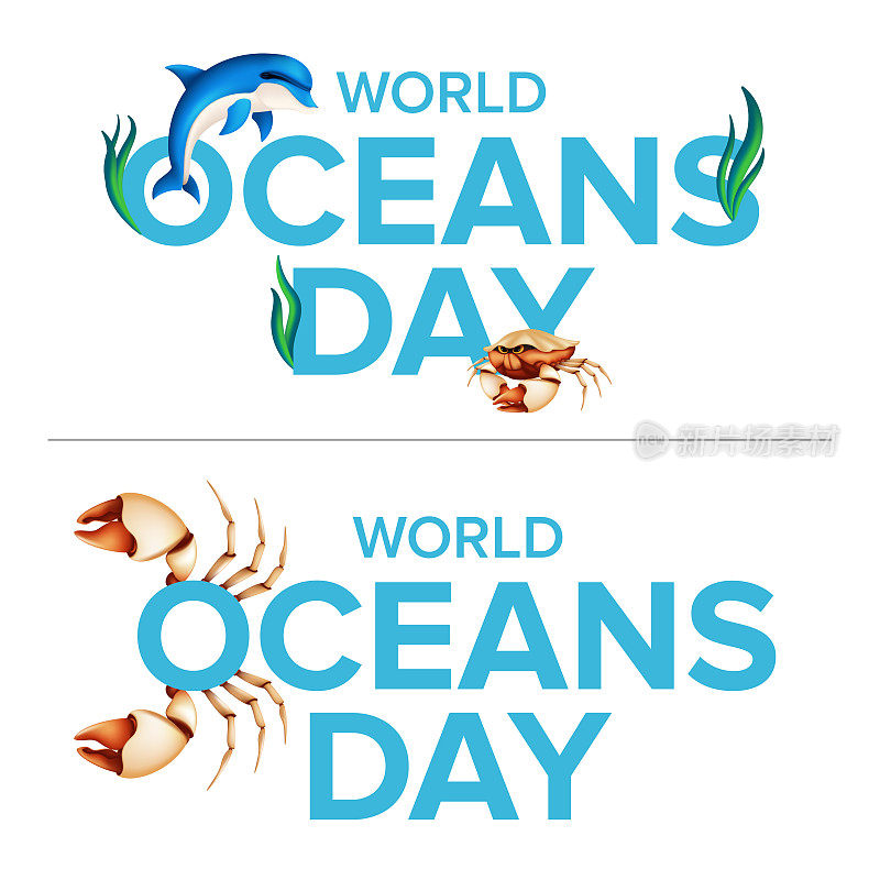 世界海洋节日标志生态系统平面设计理念。矢量插图与现实的海豚，蟹爪，珊瑚或海藻孤立在白色的背景