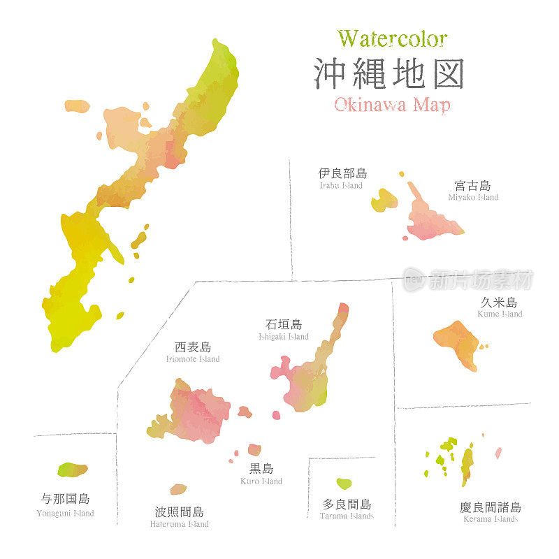 日本冲绳岛地图与水彩纹理