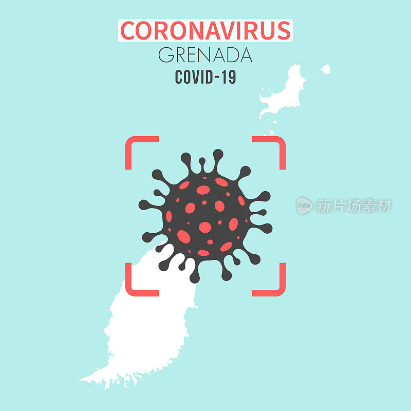 格林纳达地图，红色取景器中有冠状病毒细胞(COVID-19)