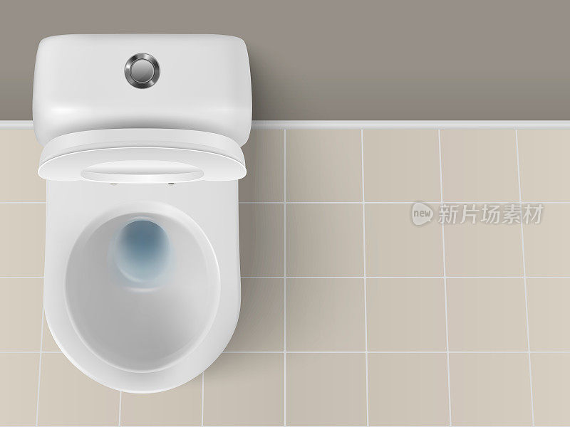 矢量3d现实的白色陶瓷马桶特写在浴室，厕所房间。带盖子的马桶打开了。采购产品管道，模型，室内，清洁，卫生概念的设计模板。俯视图
