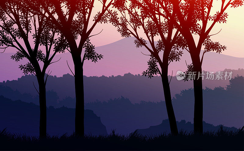 天然森林山地平线山树木的剪影。傍晚日出和日落。风景壁纸。矢量插图风格。色彩斑斓的视图的背景。