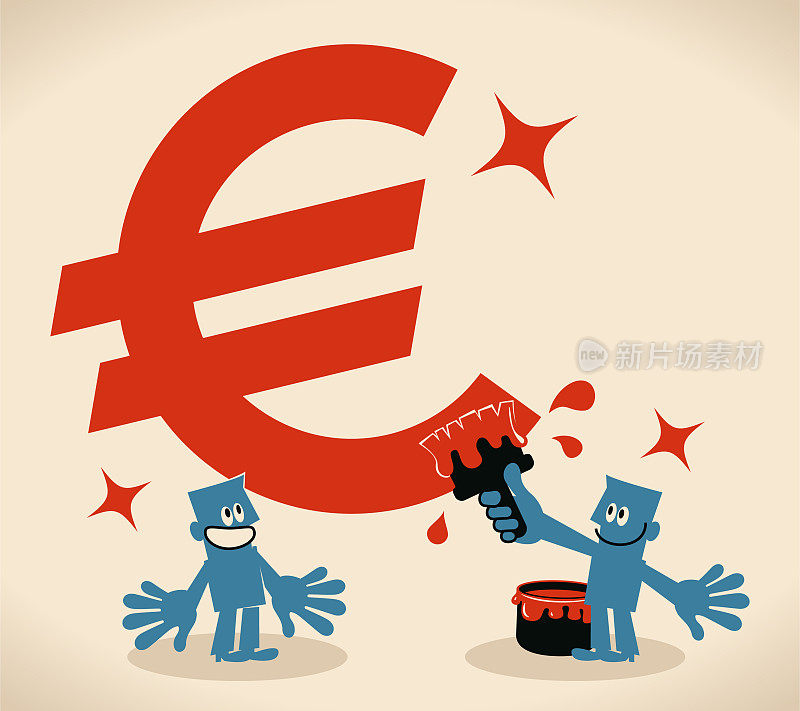 商业团队(两名商人)用刷子和油漆画出欧元符号图(欧盟货币)