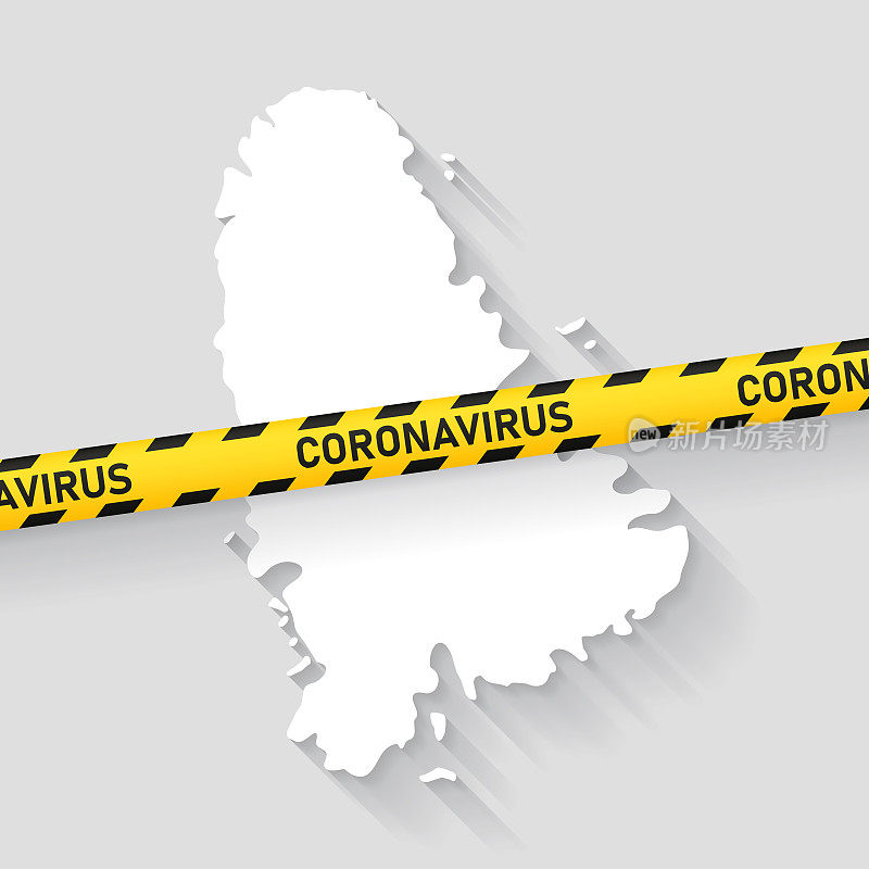 带冠状病毒警告胶带的地图。Covid-19爆发