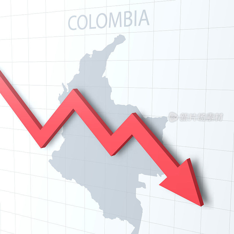 下落的红色箭头与哥伦比亚地图的背景