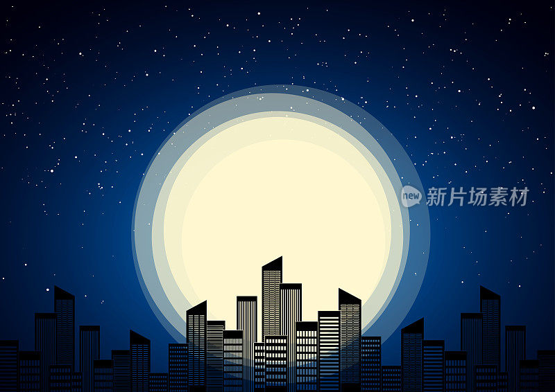 在月亮和星星的背景下的夜晚城市。