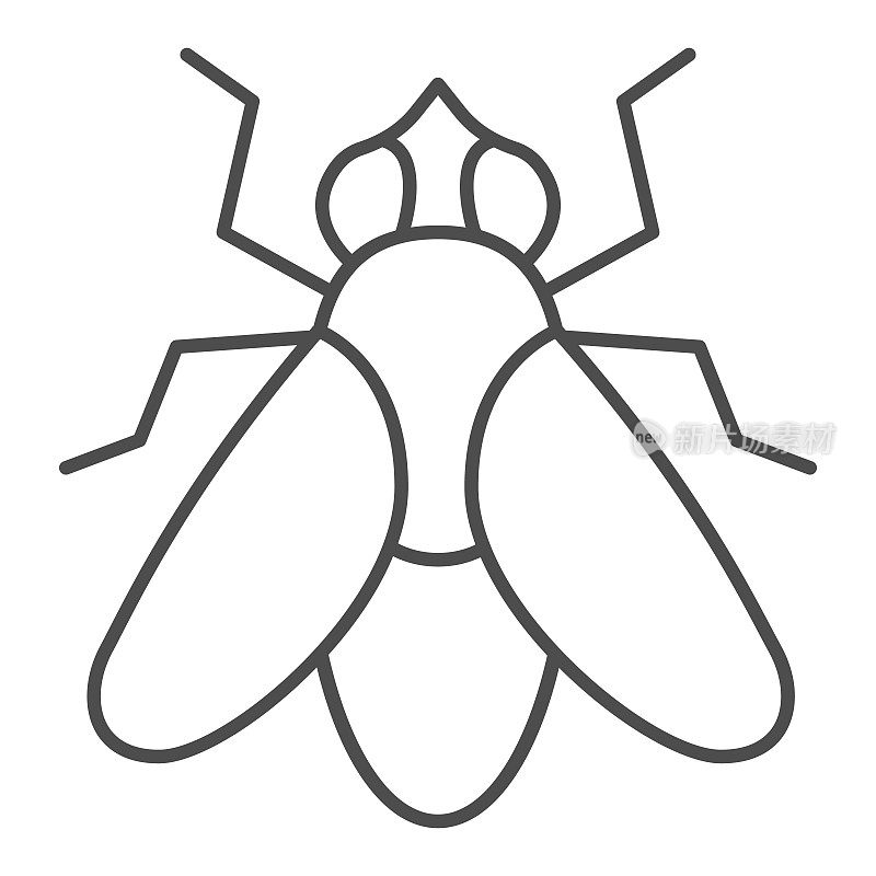 苍蝇细线图标，昆虫概念，苍蝇昆虫标志在白色背景，苍蝇剪影图标轮廓风格的移动概念和网页设计。矢量图形。