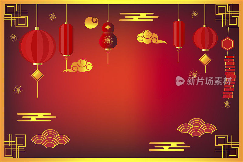 喜庆春节以红色为背景，装饰经典喜庆节日，传统农历年画以挂灯笼为传统风格