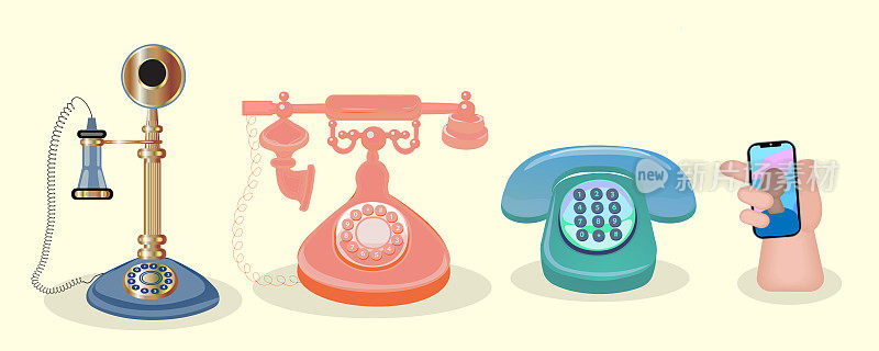 电话技术的发展。老式电话，按键式复古电话，还有手机，iPhone。时尚新潮的设计。