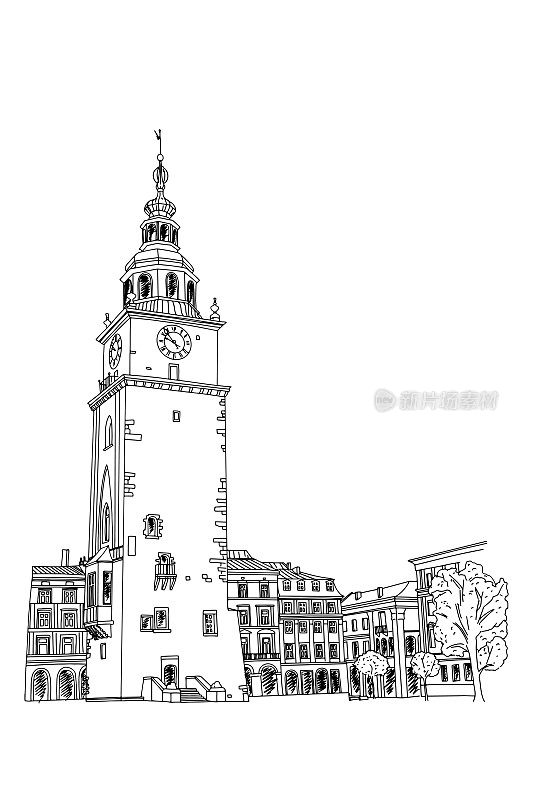 Kraków老城区主要市场广场上的市政厅塔楼矢量速写。波兰。
