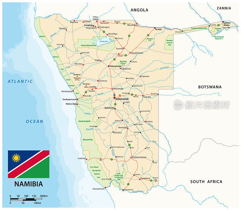 带旗帜的纳米比亚矢量路线图