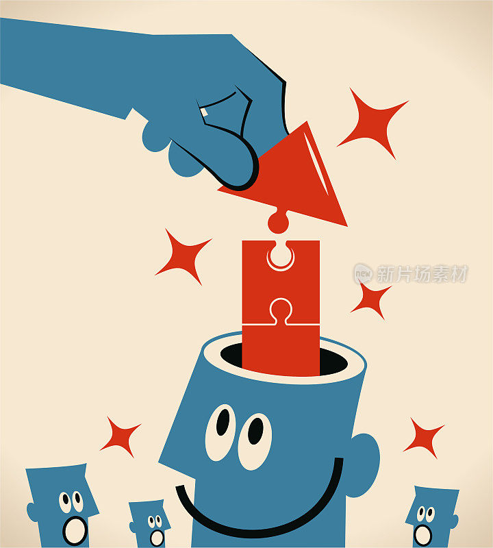 一只手在人的开放的头部完成向上的箭头拼图;成长与发展理念