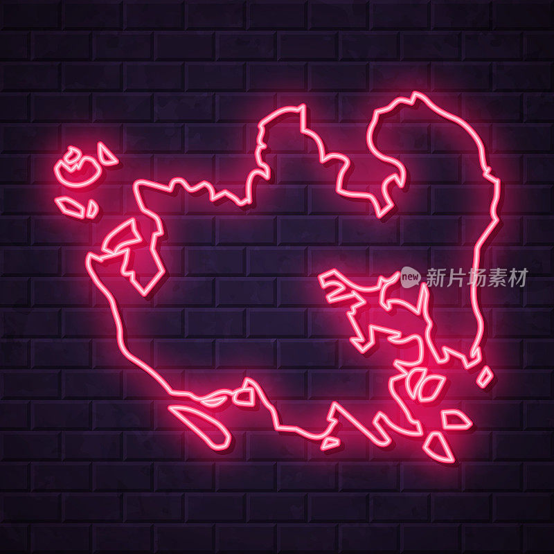 巴淡地图-砖墙背景上发光的霓虹灯