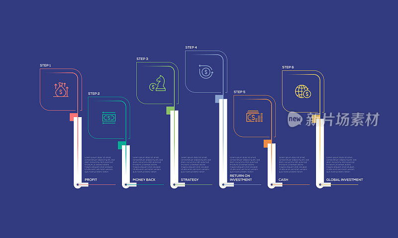 信息图表设计模板。利润，钱回来，策略，投资回报，现金，全球投资图标6个选项或步骤。