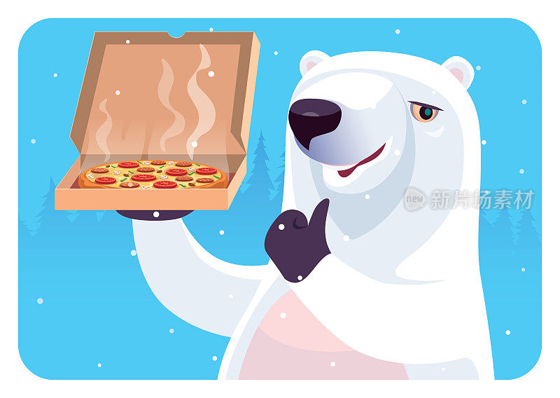 北极熊拿着披萨，竖起大拇指