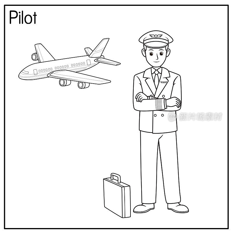 矢量插图的飞行员孤立在白色的背景。工作和职业概念。卡通人物。教育和学校儿童涂色页，可打印，活动，工作表，抽认卡。