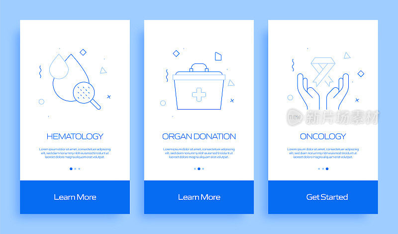 带图标的移动应用程序页面屏幕上的医疗保健和医疗概念。用户体验，用户界面设计模板矢量插图