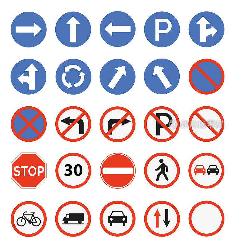 交通路标设置。监管，警告，高速公路限速，限制区域标志和引导字符标志矢量插图收集图形和网页设计