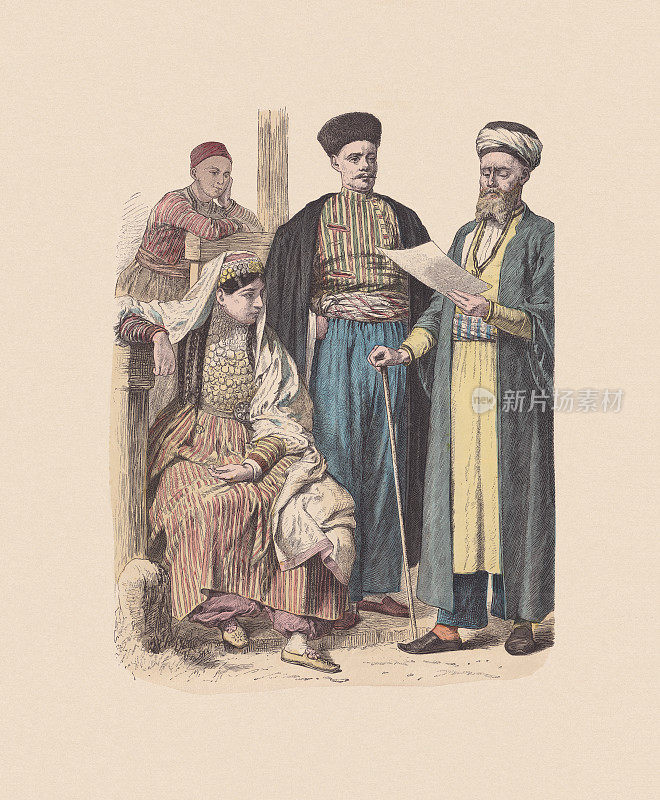 19世纪，俄国服饰，手工着色木刻，约1880年出版