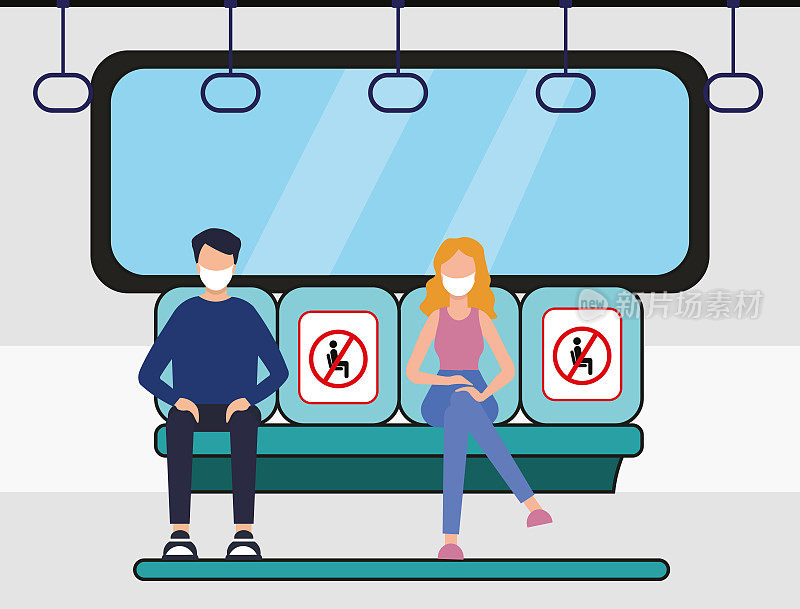 公共交通，请为您的健康社交距离媒介留空，由于冠状病毒大流行，人们正戴着医用口罩乘坐地铁和火车。与火车上的人保持社交距离的概念。