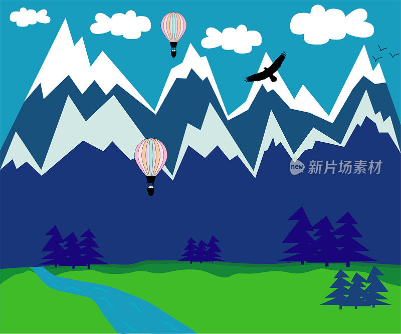 山水、河流、飞鹰、热气球