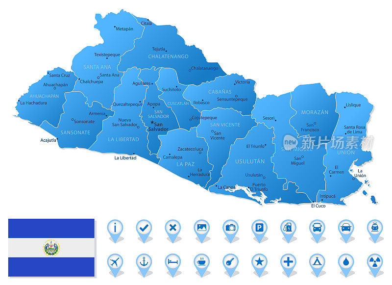 萨尔瓦多行政区划的蓝色地图与旅游信息图标。