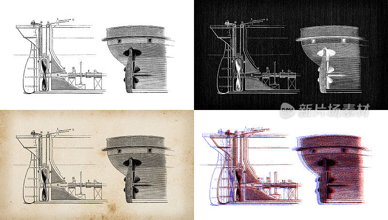 科学发现的古董插图:蒸汽动力螺旋桨