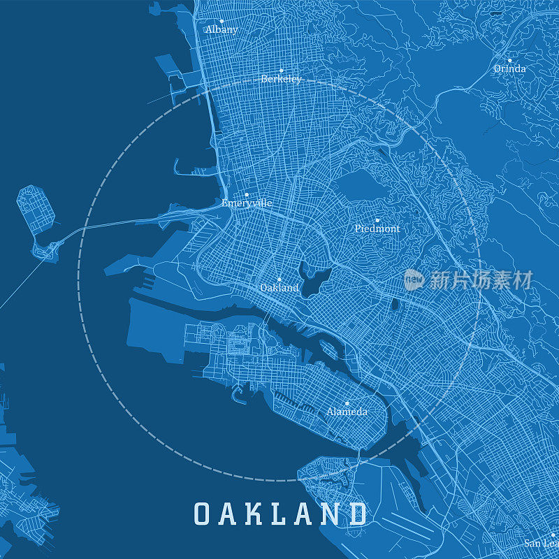 奥克兰CA城市矢量道路地图蓝色文本