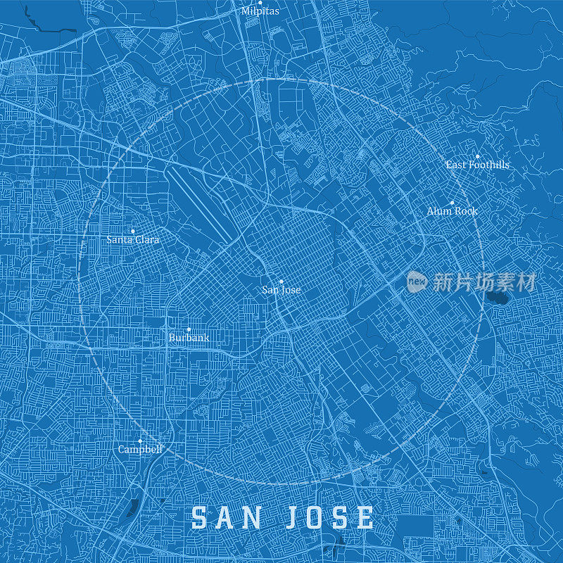 圣何塞CA城市矢量道路地图蓝色文本