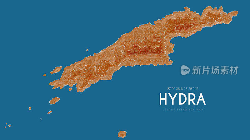 希腊九头蛇地形图。矢量详细高程地图的岛屿。地理优美的景观轮廓海报。