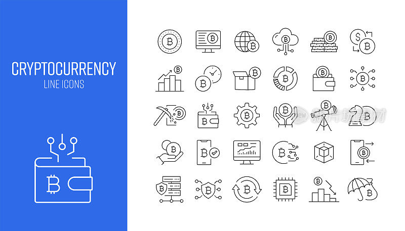 加密货币相关的线条图标集。大纲符号集合