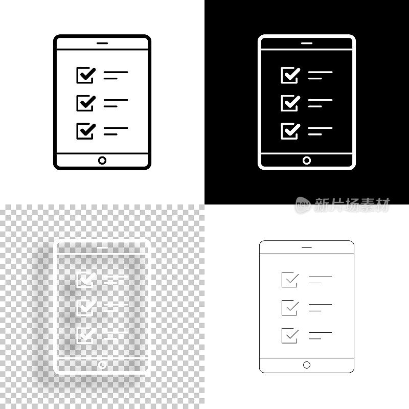 平板电脑与检查表。图标设计。空白，白色和黑色背景-线图标