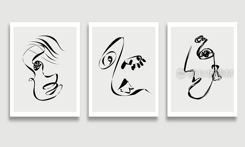 向量现代极简主义集手绘插图线艺术抽象脸人像手工图案设计卡片旗帜背景