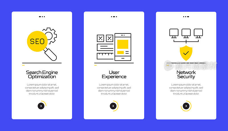 搜索引擎优化概念在移动应用页面屏幕上的扁平图标。用户体验，UI设计模板矢量插图