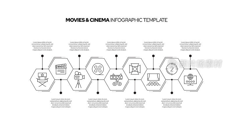 电影和电影概念矢量线信息图形设计图标。9选项或步骤的介绍，横幅，工作流程布局，流程图等。
