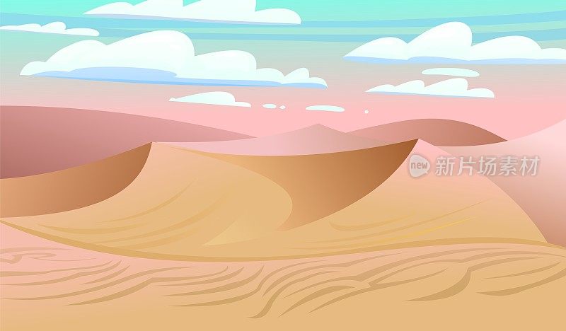 柔和的粉红色早晨开始炎热的一天。风力涡轮机发电。南部乡村景观。在沙漠的沙丘。很酷的卡通风格。向量