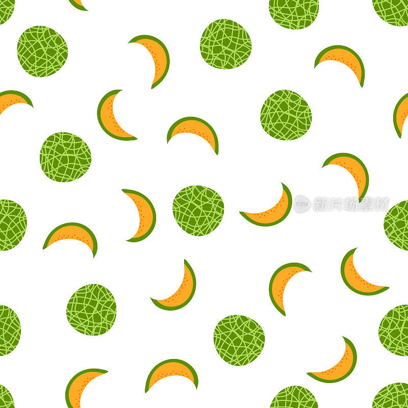 甜瓜整体和切片无缝图案在白色背景上。新鲜哈密瓜瓜水果的矢量插图