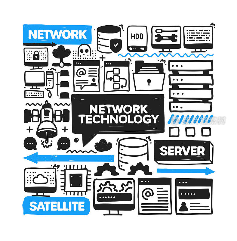 网络技术对象和元素。矢量涂鸦插图收集。手绘图标集或横幅模板