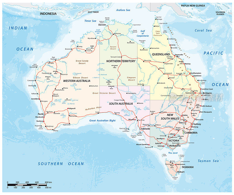详细的矢量地图的澳大利亚大陆