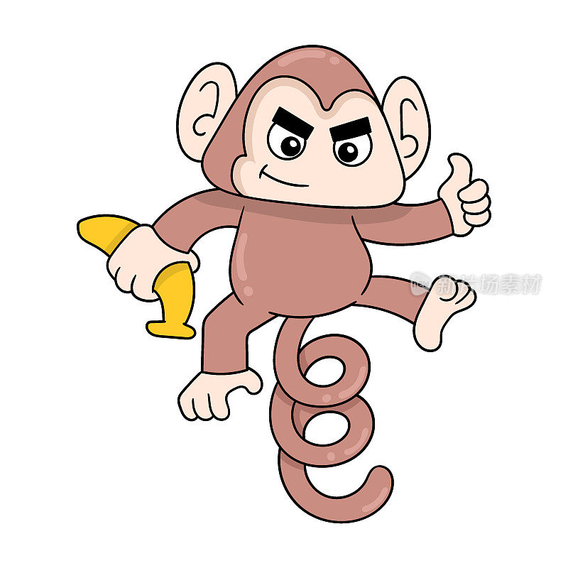 可爱的猴子孩子拿着水果香蕉，涂鸦图标形象可爱