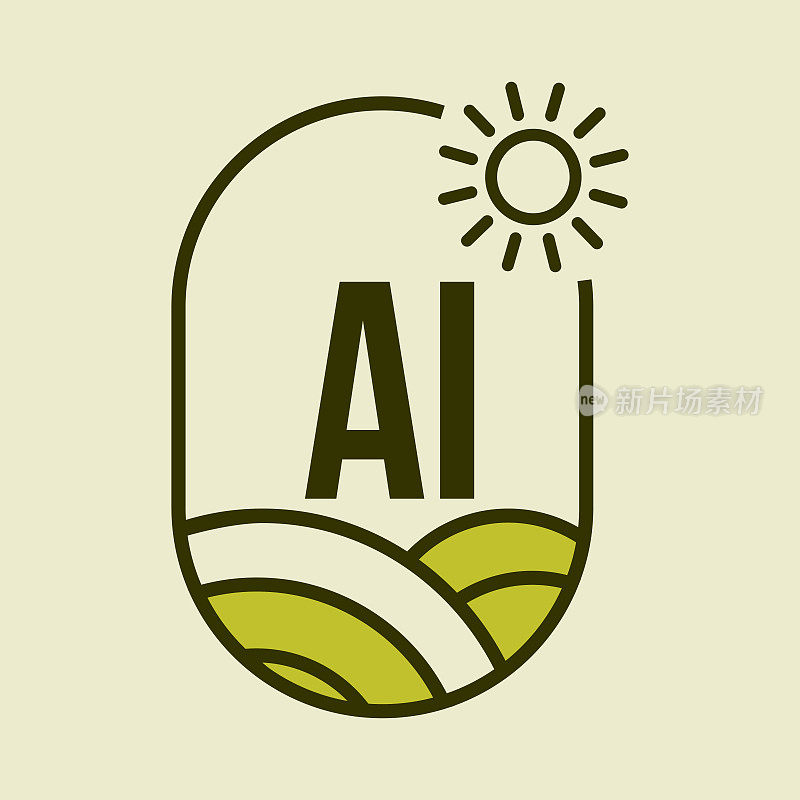 农业标志上字母AI徽章模板。字母AI农业农场，农业综合企业，生态农场标志