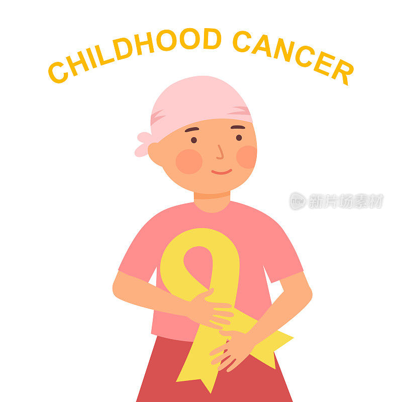 小孩儿拿着白色背景上的金色缎带。儿童癌症概念矢量插图。