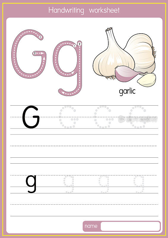 矢量插图大蒜与字母G大写字母或大写字母的儿童学习练习ABC