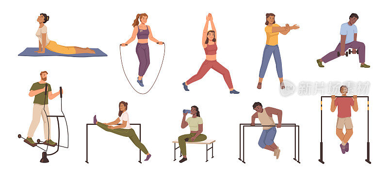 男人和女人在外面做运动，孤立的男人和女人锻炼。锻炼身体健康和力量，瑜伽和伸展运动。平面卡通人物，矢量插图